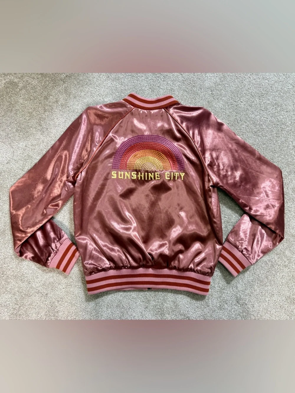 MOTHER “Sunshine City” Satin Letterman Bomber Jacket | size Small | EUC - Picture 15 of 16